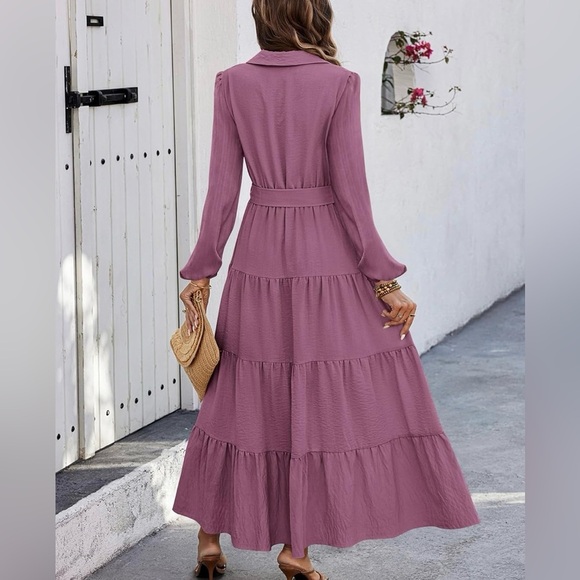 Fashion Elegant Mauve Tiered Ruffle  Maxi Dress size Small - Picture 3 of 15